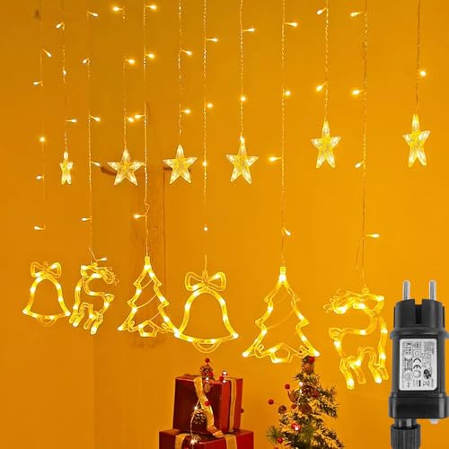 FIVMEN Weihnachtsdeko Lichterkette Lichtervorhang 138 LED Sterne Weihnachtsmuster Lichterketten Vorhang 8 Modi mit Stecker IP44 Wasserdicht Weihnachtsbeleuchtung für Außen Innen