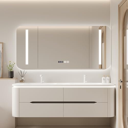 Moderner LED-Spiegelschrank ohne Nebel mit Doppelwaschbecken, Badezimmer-Waschtisch, großer schwimmender Schminktisch aus Massivholz, mit verschiedenen Stauräumen, 160 cm