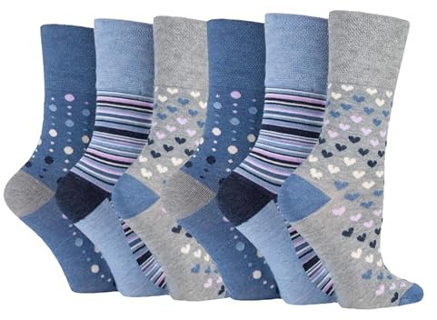 Diabetic Socks for Womens 6 Pairs, CUTE PATTERN Gentle Grip Ladies Sock with COMFORT Top, Womens Diabetic Socks size 4-7 UK (HDS BLUE 6 PAIRS)