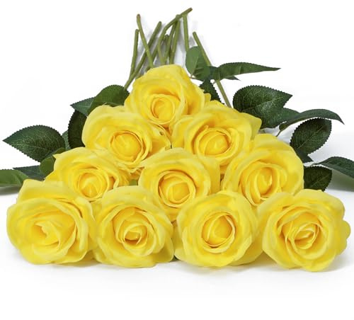 DuHouse 10 Rosas Artificiales de Seda, Flores de Rosas de imitación de Tallos Largos para arreglo, Centro de Mesa de Boda, Fiesta, decoración del hogar y Cocina (Limón)