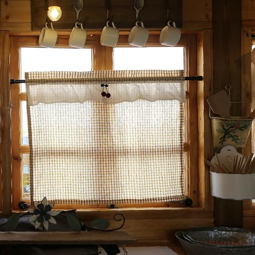 Tolldek 1Pcs Scheibengardine Kurz Halbtransparent H100 x B65cm, Gitter Muster mit Kirsche Schiebegardine, Rod Pocket Baumwolle Voile Gardinen Trnsparent für Badezimmer, Gelb