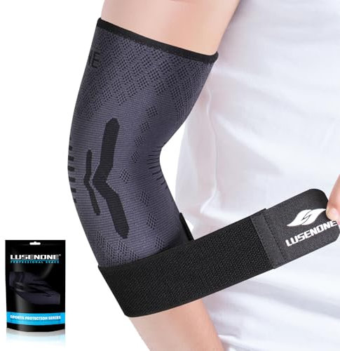 Lusenone Codera con correa para mujeres/hombres, manga de compresión de codo, soporte ajustable para codo de tenis/golfistas, tendinitis, alivio de artritis, levantamiento de pesas, gimnasio, talla S