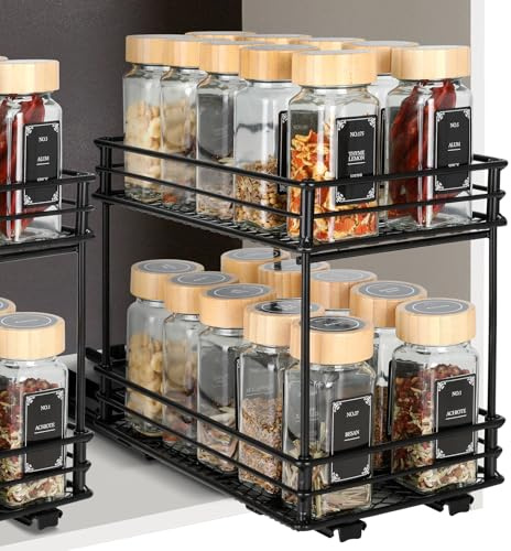 VINATO Étagère Coulissante à 2 Niveaux pour Épices – Rangement Épices Cuisine avec Glissières, Porte-Épices pour Placard (26x15x21,8 cm)