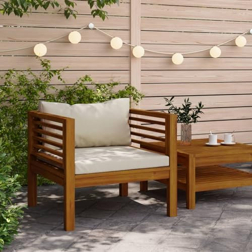 Gecheer Gartenstuhl mit Auflagen Holzstuhl Balkonstuhl Stuhl Gartenmöbel Terrassenstuhl Relaxstuhl Outdoor Cremeweißen Kissen Massivholz Akazie