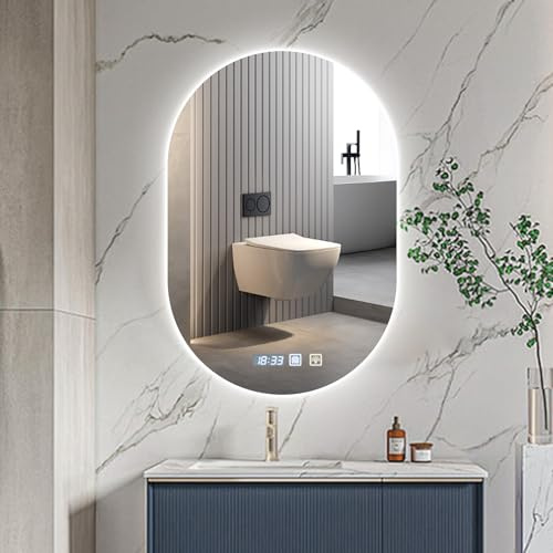Viugreum Espejo Baño con Luz LED Regulable en 3 Colores, Elíptico 75 * 50cm Luz de Baño Espejo de Pared con Interruptor Táctil, Función Antivaho, Ajuste de Brillo, Espejos LED Retroiluminado