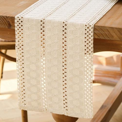 Jayusaror Tischläufer Beige Boho Makramee Modern Frühling Bauernhaus Klein Tischdecke Schmal Landhausstil Rustikaler Tisch Läufer Baumwolle Leinen Table Runner für Hochzeit Party Deko 30x100 cm