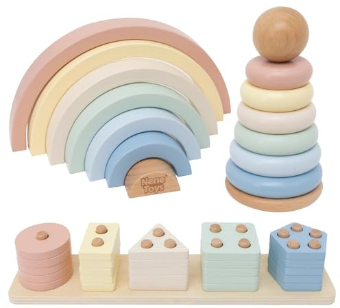 Nene Toys Juguete Montessori de Madera 3 en 1 para Bebés de 1 Año – Arcoíris de Madera, Torre Apilable y Juego de Encastre – Juguete Educativo 1–3 Años – Idea Regalo Niño Niña – Colores Pastel