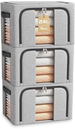 BOUDOI Storage Boxes Organiser,3 Pack Clothes Storage Boxes With Double Opening Zip Clear Window＆Steel Frame,Foldable＆Waterproof Wardrobe Fabric Storage Box for Storing Bedding,Blankets,Duvets
