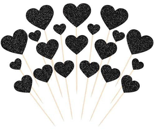 35 Stück Liebes Herz Tortendeko Glitzer Hochzeit Valentinstag Thema Kuchen Deko Mehrere Größen Liebes Herz Cupcake Toppers für Verlobung Braut Dusche Geburtstag Party Kuchen Dekorationen Schwarz