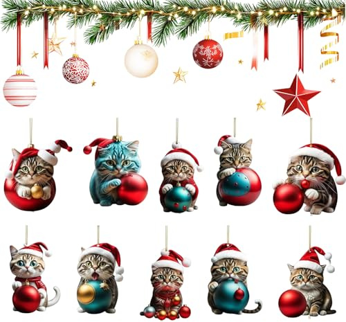 10 Stück Katze Weihnachtsbaum Anhänger Acryl Cartoon Katze Dekorative Ornamente für Veranda Flur Büro Wohnheim Urlaub