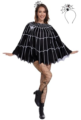 TMSD Damen Halloween Party Kostüm Spinnennetz Kleid Poncho mit Spinne Stirnband