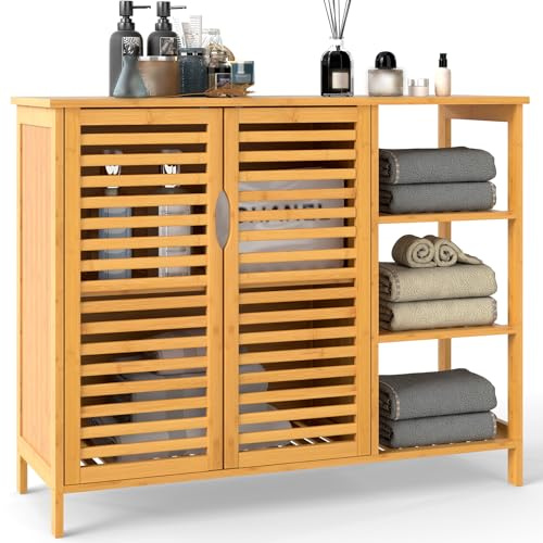COSTWAY Bamboo Bathroom Floor Cabinet, Freestanding Storage Cupboard, Slatted Bathroom Unit Storage Cabinet Organizer for Living Room Hallway Kitchen (with Double Shutter Doors+3 Shelves, Natural)