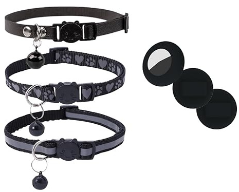 MSLSOZ Airtag Katzenhalsband, verstellbar, reflektierend, mit Apple-Airtag-Halter, 1,1 cm breit, leicht, mit Glöckchen für Katzen (Pfote, Leder, regulär), 3 Stück