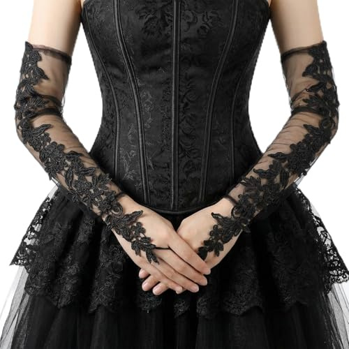 Nogeqi Guanti lunghi in pizzo nero, da donna in pizzo, guanti senza dita, guanti da sera, guanti da sposa, per abito da ballo, matrimonio, festa anni '20