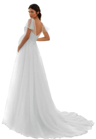 HAIBFJIN Tulle Umstandskleid V-Ausschnitt Brautkleid für Schwangere Umstandskleider für Babyparty Fotoshooting Kleid