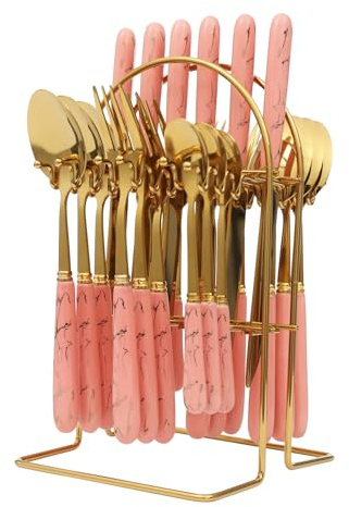 24-Piece Cutlery Set with Storage Stand | 410 Stainless Steel & Ceramic Handle for Family Dinners/Parties/Hotels Tableware Set for Home & Restaurant Use (Gold+Pink)
