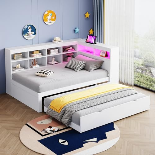 Zravenna Massivholzbett Schlafsofa 90x200 mit Ausziehbett, Tagesbett Schlafcouch mit Funktions und Mehreren Ablagefächern, Doppelbett Multifunktionsbett aus Holz (Weiß B, 90 * 200 cm)