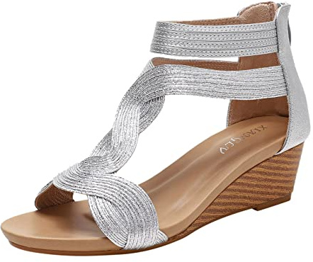 Cocila Fashion Scarpe Sandali Infradito Gladiatore Stivali Estivi Da Donna Primavera Estate Tacco Medio Zeppa Cerniera Posteriore Punta Cinturino Alla Caviglia Tinta Unita Comodo Stile Estive