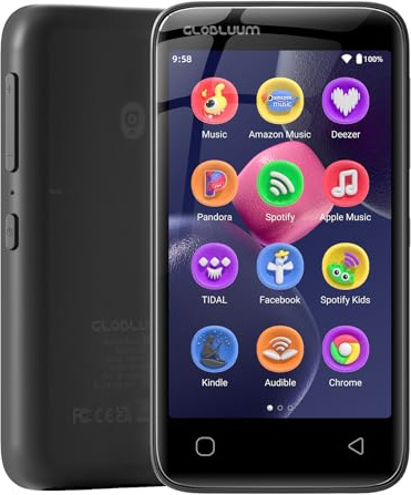 96GB MP3 Player with Bluetooth 5.0 and WiFi, Music Player with Spotify, Audible, Amazon Music, Pandora, Libby, Spotify Kids, 4 Touchscreen Android MP4 Player with HiFi Sound, FM Radio (Glossy Black)