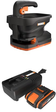 WORX Épandeur sans fil universel 20V WG869E, largeur d’épandage 5 m, réservoir 3,3 L, jusqu’à 550 m² par remplissage, débit réglable, pour engrais et sel de déneigement, avec batterie 2Ah et chargeur