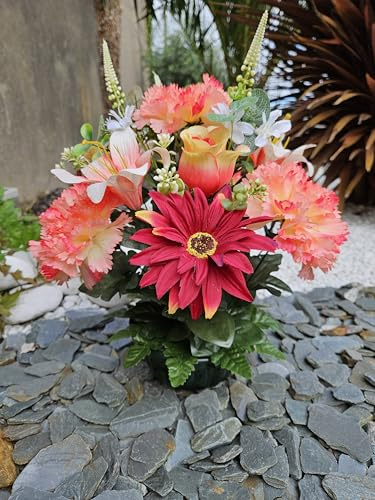 Roselynexpress - Composition de fleurs artificielles lestée ciment, pot en forme de charlotte, qualité supérieure, extérieur, vert, 27cm (H) x 41cm (Diam), rustic français