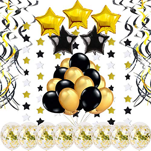Decoration Fete Or Anniversaire – 46 pieces – Deco avec Ballons Confettis, Tourbillon Suspendu, Ballons Etoiles et Noir, Guirlandes Etoiles