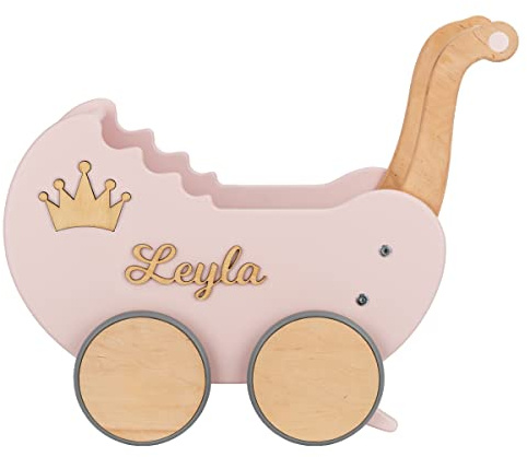 Puppenwagen ab 1 Jahr - Individuell mit Namen - Handgefertigter Puppenwagen - Holzpuppenwagen - Sicher Abgerundete Kanten - Ausdrucksstarke und Schöne Farben (Puderrosa)