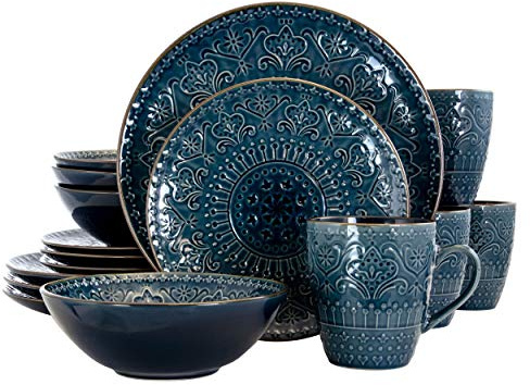 Unknown1 Deep Ocean Mandala 16 Piece Round Stoneware Dinnerware Set Blue Textured Casual Microwave Safe, Medium