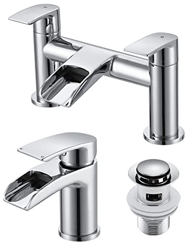 Peppermint Basin Taps with Waste and Waterfall Bath Taps Mixer Filler Tub Tap, Monobloc Bathroom Bathtub and Sink Tap Set with Semi-Open Spout, Chrome