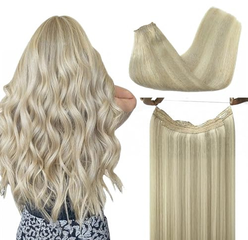 DOORES Halo Extensions Echthaar 40cm 95g #P17A/60A | 100% Remy Echthaar, Aschblond Highlights Platinblond, unsichtbare Angelschnur, verstellbar, natürlich glatt, hitzestylbar