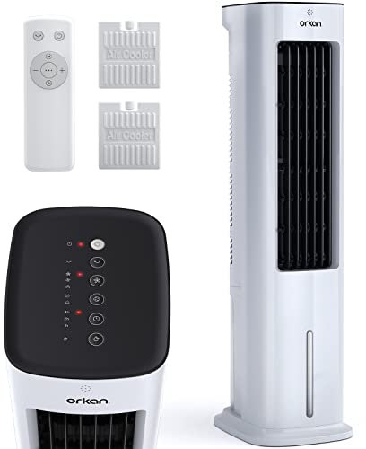 Orkan 5L Evaporative Air Cooler & 33.5 Tower Fan | 3-In-1 Functionality | 4 Operation Modes | 3 Fan Speeds | 7 Hour On/Off Timer | 60° Automatic Oscillation | Includes Remote Control & 2 Ice Packs