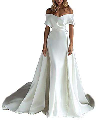 yhfshop Vestito da Cerimonia Donna Lungo,2021 Nuovo Abito da Sposa in Raso Bianco-White_40,Damigella Vestito Elegante Abito da