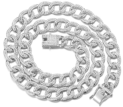 Halukakah Kubanische Kette für Männer Iced Out,14MM Oval Platin Weißgold Finish Halskette 45cm,Voll Cz Diamant Schnitt Zinken-Set,Geschenk für Ihn