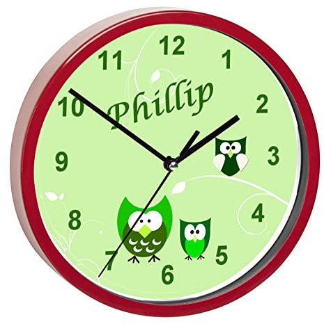 CreaDesign, Wanduhr für Kinderzimmer Eule grün, Kinderuhr rot mit Quarz Uhrwerk, personalisiert mit Name, Durchmesser 19,5 cm