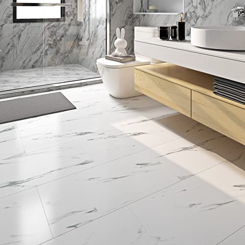 FunStick Pavimento PVC Adesivo Effetto Marmo Bianco 30X60CM 5 Piastrelle Adesive Bagno Impermeabile Adesivo Pavimento Marmo Bianco Paraschizzi Cucina Decorazioni Parete Adesive Marmo Piastrelle