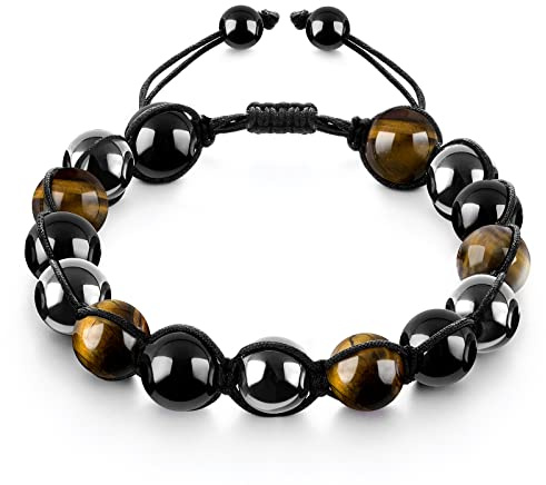 Emibele 10mm Pulsera de Cuentas, Pulsera de Hematita de Obsidiana de Ojo de Tigre para Aliviar la Ansiedad, Pulsera de Piedra Natural Hecha a Mano Ajustable para Hombre Mujere, Gris + Negro + Amarillo
