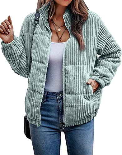 Femmes de Bombardier Veste en Velours Côtelé Nervuré Matelassé Zip Manches Longues Veste d'hiver Automne avec Poches Top Chaud Veste Classique Automne et Veste d'hiver