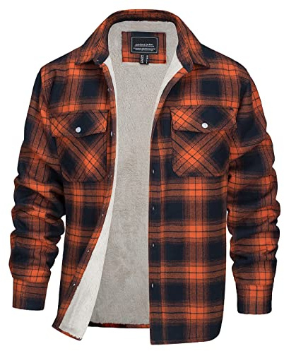 EKLENTSON Mens Long Sleeve Fleece Shirt Jacket Button Down Plaid Shirts Casual Cotton Winter Flannel Shirts Multi Pockets,Orange,M