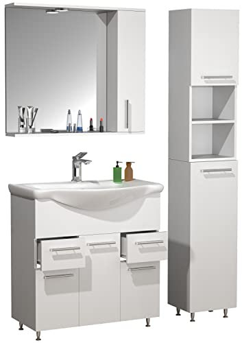 VCM 4-TLG. Waschplatz | Waschtisch Badmöbel Unterschrank 75 cm | Set mit Waschbecken Spiegelschrank Hochschrank | Schubladen und Drehtüren | Komplett Lisalo XL