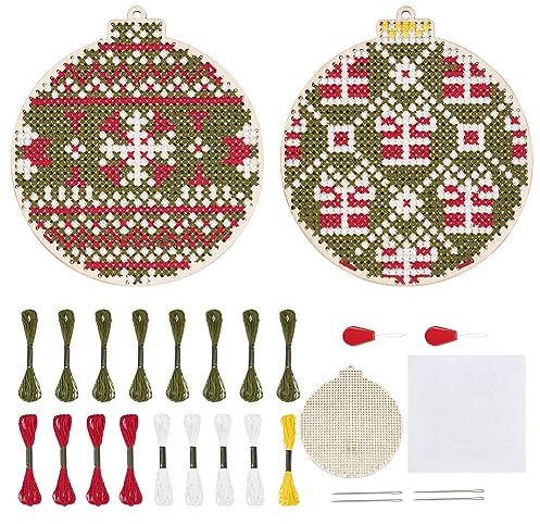 FREEBLOSS 4 Satz Weihnachten Holz Kreuzstich Kits, Kreuzstich Set Vorgedruckt Weihnachts Bastelset Sticken Set Erwachsene Weihnachtskugelform Cross Stitch Set mit Anleitung für Anfänger
