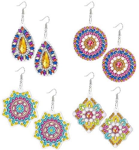 JSRQT 4 Paires Boucles d'Oreilles de Peinture Diamant, Mandala 5D, Kit de Fabrication, Pendantes Boho Vintage pour Femmes Filles