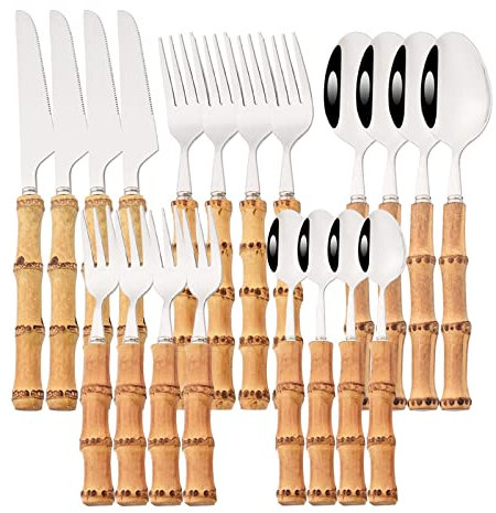 20 Pcs Or 304 En Acier Inoxydable Ensemble De Vaisselle Poignée En Bambou Couverts Gâteau Fourchettes Set Cuillère À Café Table Western-Argento di bambù