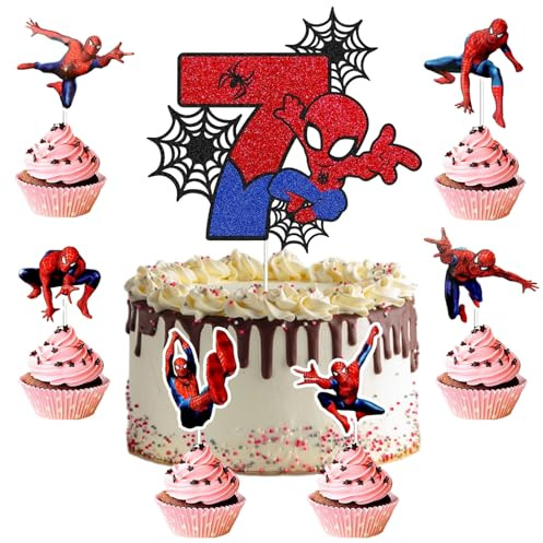 25 Stück Cake Topper,7-Jährige Spiderm Tortendeko, Kuchen Deko, Deko Torte,Doppelseitiger Glitter Kindergeburtstag Kuchen Deko für Mädchen Junge Baby