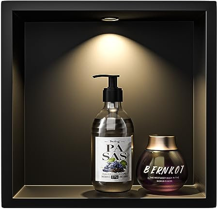 Bernkot Nicho de pared de acero inoxidable con luz LED Downlight, 30 cm x 30 cm, resistente al agua, no requiere azulejos, almacenamiento de baño, nicho, color negro mate