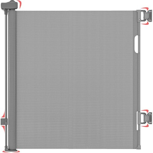 Dikots Grey Retractable Stair Gate for baby & Pet with secure 2-Step Lock - 140 cm wide & 86 cm tall extendable gate - Retractable Stair Gates for for Dogs - Baby gate for stairs, Indoor & doorways