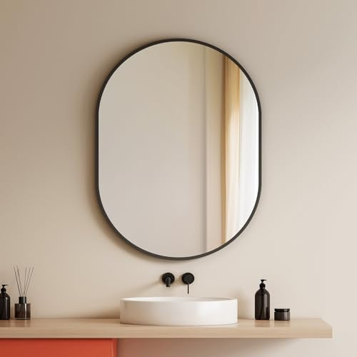 EMKE Badspiegel Oval Schwarz 60 x 80 cm, HD Dekorativer Wandspiegel | Ovaler Wandspiegel, schwarzer Rahmen, horizontal vertikal, Badezimmer Wohnzimmer Flur, explosionsgeschützt Sicherheit