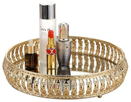 Kosmetiktablett 25cm Rund Goldfarbenes verspiegeltes Make up Tablett Kosmetik Organizer Aufbewahrung Tablett für Schminktisch Dekor Schmuck Display