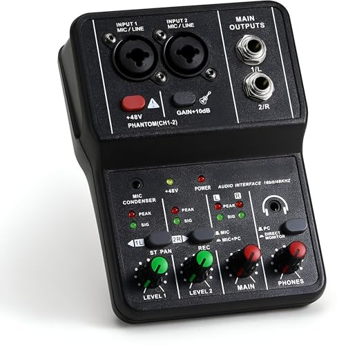 Powerpak Q12 2 Channels Audio Mixer | Sound Card USB Audio Interface, 48V Phantom Power, 3.5mm Headphone Input Mixer for Karaoke Computer Recording Singing Live Streaming