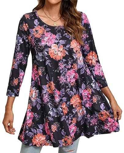 Enmain Damtunika, skjorta, 3/4 långärmad, tunika, blusar, långtröja, damer, ledig, rund hals, swing, toppar, tunikor, F-svart, 3XL