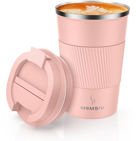 MOMSIV Coffee Cup, Insulated Coffee Cup with Leakproof Lid, Non-Slip Vacuum Reusable Stainless Steel Eco-Friendly Travel Office Mug for Hot and Cold Water Coffee and Tea, 380ml/13oz(Pink)